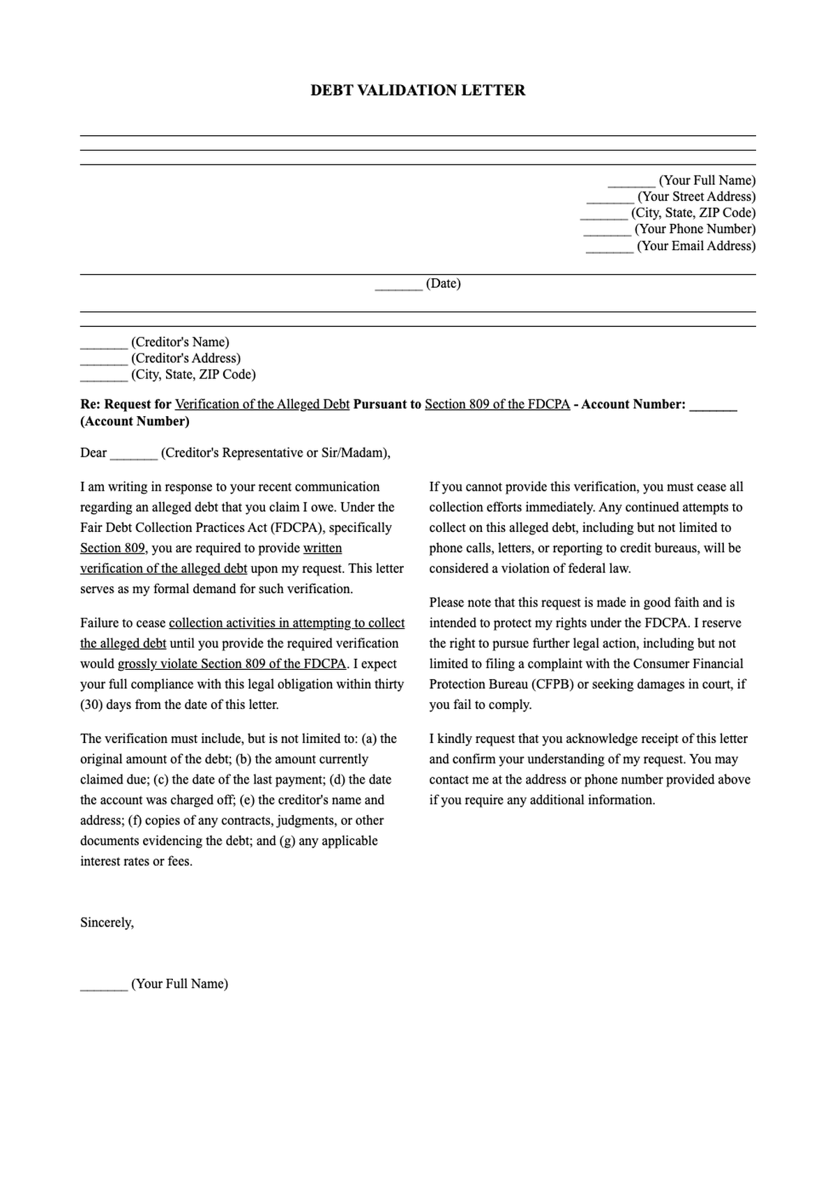 Second letter requesting debt validation under FDCPA Section 809_variant_2